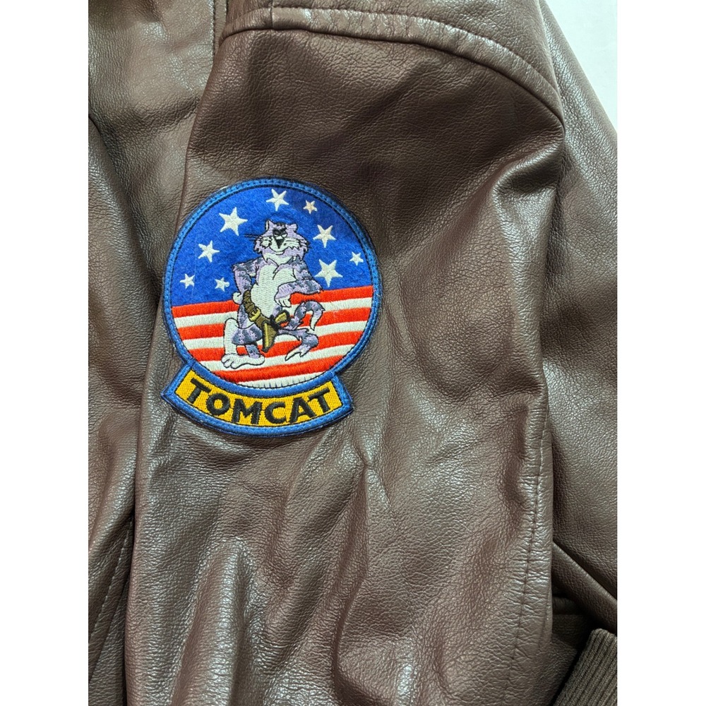 Top Gun Maverick Flight Jacket Mens Large Brown Faux Leather Sherpa Bomber Patch - Picture 8 of 9